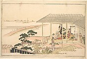 A Party of Merrymakers in a House in the Yoshiwara on a Moonlight Night, Kitagawa Utamaro  Japanese, Woodblock print; ink and color on paper, Japan