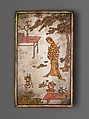Table screen with woman playing touhu, Pewter with brass decoration, China