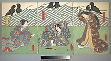 Three Actors on Stage: Kumagai Naozane, Utagawa Kunisada  Japanese, Triptych of woodblock prints; ink and color on paper, Japan