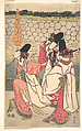 Prince Genji Returning to His Palace where His Wife Awaits Him, Rekisentei Eiri (Japanese, active ca. 1789–1801), Pentaptych of woodblock prints; ink and color on paper, Japan