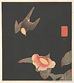 Swallow and Camellia, Itō Jakuchū  Japanese, Reproduction of an original Jakuchū design; woodblock print, ink and color on paper, Japan
