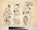 Three Courtesans and a Kamuro Strolling in the Street, Okumura Masanobu  Japanese, Monochrome woodblock print; ink on paper, Japan