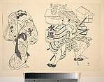 An Oiran Rearranging Her Hair in the Street while a Young Samurai Looks on, Okumura Masanobu Japanese, Monochrome woodblock print; ink on paper, Japan