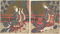 Two Ladies on a Verandah, One with Fan, the Other Threading a Needle, Yashima Gakutei  Japanese, Diptych of woodblock prints (surimono); ink and color on paper, Japan
