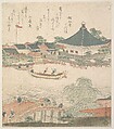River Scene with Bridge in Foreground, Katsushika Hokusai  Japanese, Woodblock print (surimono); ink and color on paper, Japan
