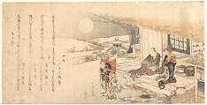 Young Lady with Lamp; Man and Woman on Veranda of Tea-House, Katsushika Hokusai  Japanese, Woodblock print (surimono); ink and color on paper, Japan