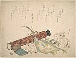 Still Life: Double Cherry-Blossom Branch, Telescope, Sweet Fish, and Tissue Case, Katsushika Hokusai Japanese, Woodblock print (surimono); ink and color on paper, Japan