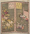 Camellia Flowers (left); People Watching a Cockfight (right), Ryūryūkyo Shinsai  Japanese, Woodblock print (surimono); ink and color on paper, Japan