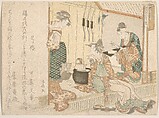 Two Young Ladies Having Tea Attended by Elderly Servant, Ryūryūkyo Shinsai  Japanese, Woodblock print (surimono); ink and color on paper, Japan