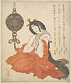 Kanjo (Court Lady) Seated, and a Tsurikoro Hanging near Her Head, Totoya Hokkei  Japanese, Woodblock print (surimono); ink and color on paper, Japan