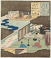 Interior of a Palace with Noblemen Conversing, Totoya Hokkei (?) Japanese, Woodblock print (surimono); ink and color on paper, Japan