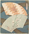 Two Fan Designs: Plum Blossom and Wave, Totoya Hokkei Japanese, Woodblock print (surimono); ink and color on paper, Japan
