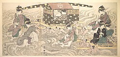 Fair Travellers Fording the River Oi, Utagawa Toyokuni I  Japanese, Triptych of woodblock prints; ink and color on paper, Japan