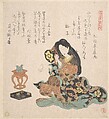 Woman Playing the Tsuzumi, Kubo Shunman  Japanese, Woodblock print (surimono); ink and color on paper, Japan