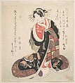 Courtesan Dressed in an Elaborate Gown Embroidered with Emblems of Good Luck, Kubo Shunman  Japanese, Woodblock print (surimono); ink and color on paper, Japan
