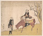 Version of Legend of Michizane: Woman Riding Ox Which a Man is Leading, Utagawa Toyohiro  Japanese, Woodblock print (surimono); ink and color on paper, Japan