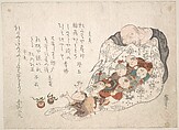 Hotei Opening His Bag which Is Full of Small Boys, Kita Busei  Japanese, Woodblock print (surimono); ink and color on paper, Japan