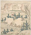 Cranes Among Young Pines Near a Stream, Unidentified artist, Woodblock print (surimono); ink and color on paper, Japan