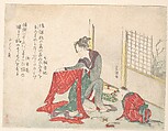 Woman Folding Cloth, Katsushika Hokusai  Japanese, Woodblock print (surimono); ink and color on paper, Japan