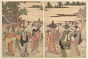 Horinouchi Myo-ho-ji Eho Mairi no Zu, Utagawa Toyohiro  Japanese, Two sheets of a pentaptych of woodblock prints; ink and color on paper, Japan