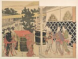 Pilgrimage to Myōhōji in Horinouchi, Edo, Utagawa Toyohiro  Japanese, Two sheets of a pentaptych of woodblock prints; ink and color on paper, Japan