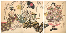 Kabuki Scene at Kumagai's Camp, from the play The Chronicle of the Battle of Ichinotani (Ichinotani futaba gunki), Utagawa Kunisada Japanese, Triptych of woodblock prints; ink and color on paper, Japan