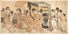 Courtesans Imitating a Court Procession, Kitagawa Utamaro Japanese, Triptych of woodblock prints; ink and color on paper, Japan