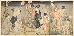 Catching fireflies (Hotaru gari), Kitagawa Utamaro  Japanese, Triptych of woodblock prints; ink and color on paper, Japan