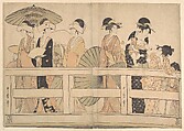 Enjoying the Cool Evening Breeze on and under the Bridge, Kitagawa Utamaro Japanese, Two sheets of a hexaptych of woodblock prints; ink and color on paper, Japan