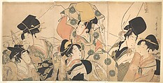 Narihira's Journey to the East, Kitagawa Utamaro  Japanese, Triptych of woodblock prints; ink and color on paper, Japan