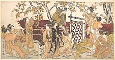 Picking Persimmons (Kaki-mogi), Kitagawa Utamaro Japanese, Triptych of woodblock prints; ink and color on paper, Japan
