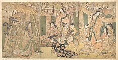 A View of the Pleasures of the Taiko and His Five Wives at Rakutō, Kitagawa Utamaro  Japanese, Triptych of woodblock prints; ink and color on paper, Japan