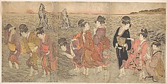 Women Worshipping the Rising Sun between the Twin Rocks at Ise, Kitagawa Utamaro Japanese, Triptych of woodblock prints; ink and color on paper, Japan
