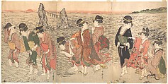 Women Worshipping the Rising Sun between the Twin Rocks at Ise, Kitagawa Utamaro  Japanese, Triptych of woodblock prints; ink and color on paper, Japan