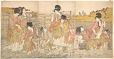 The Dance of the Beach Maidens, Kitagawa Utamaro Japanese, Triptych of woodblock prints; ink and color on paper, Japan