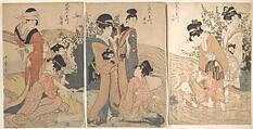 Women and Children on the Banks of a Stream, Kitagawa Utamaro  Japanese, Triptych of woodblock prints; ink and color on paper, Japan