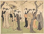 Group of Six Geisha Under the Cherry Trees on Gotenyama, Torii Kiyonaga  Japanese, Diptych of woodblock prints; ink and color on paper, Japan
