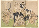 Kabuki Actors Ichikawa Yaozō II, Nakajima Mihoemon II, Ichikawa Ebizō III, and Ichimura Uzaemon IX in the Play Sugawara’s Secrets of Calligraphy (Sugawara denju tenarai kagami), Katsukawa Shunshō　勝川春章 (Japanese, 1726–1792), One sheet of a triptych of woodblock prints (nishiki-e); ink and color on paper, Japan