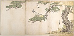 Crane and Their Young in Their Nest in the Branches of a Pine-tree, Utagawa Toyoharu  Japanese, Triptych of woodblock prints (surimono enriched with gold); ink and color on paper, Japan