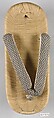 Costume of a Japanese Gentleman, (a) Silk,metalic thread / Plain weave
(b) Silk / Plain weave
(c) Silk / Plain weave
(d) Cotton; Silk / Plain weave
(e) Silk / Plain weave
(f) Silk / Braided
(g) Straw, leather / Woven
(h) Straw, leather / Woven
(i) Rush; leather; silk; wood / Woven
(j) Rush; leather; silk; wood / Woven
(k) Cotton / Knit
(l) Cotton / Knit, Japan