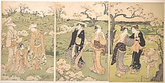 Young Ladies Viewing Cherry–blossoms at Asukayama, Torii Kiyonaga Japanese, Triptych of woodblock prints; ink and color on paper, Japan