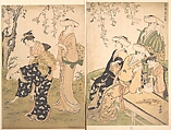 Group of Women Under a Blossoming Cherry Tree, Torii Kiyonaga  Japanese, Diptych of woodblock prints; ink and color on paper, Japan