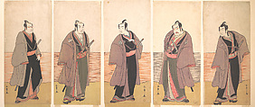 Ichikawa Danjuro V as a Chivalrous Commoner (Gonin Otoko) from the Play "Hatsumonbi kuruwa Soga", Katsukawa Shunshō 勝川春章 Japanese, Pentaptych of woodblock prints (nishiki-e); ink and color on paper, Japan