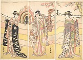 Three Actors in Beautiful Costumes Performing a Religious Dance, Katsukawa Shunsen Japanese, Triptych of woodblock prints; ink and color on paper, Japan