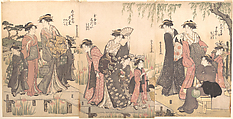 Courtesans in an Iris Garden, Katsukawa Shunchō Japanese, Triptych of woodblock prints; ink and color on paper, Japan