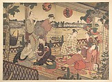 Two Young Men and Several Women Dining at a Tea-house on the Bank of the Sumida River, Kubo Shunman  Japanese, Diptych of woodblock prints; ink and color on paper, Japan