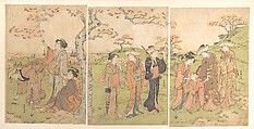 Women and Children Viewing the Cherry Blossoms at Gotenyama, Katsukawa Shunchō Japanese, Triptych of woodblock prints; ink and color on paper, Japan