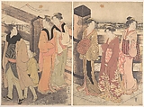 A Group of Women, One Man and a Boy on a Bridge, Katsukawa Shunchō Japanese, Diptych of woodblock prints; ink and color on paper, Japan