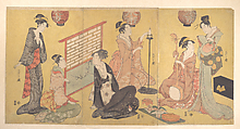 Geisha Preparing for an Entertainment, Chōbunsai Eishi Japanese, Triptych of woodblock prints; ink and color on paper, Japan