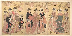 The Yoshiwara Parade in Autumn, Chōbunsai Eishi Japanese, Triptych of woodblock prints; ink and color on paper, Japan
